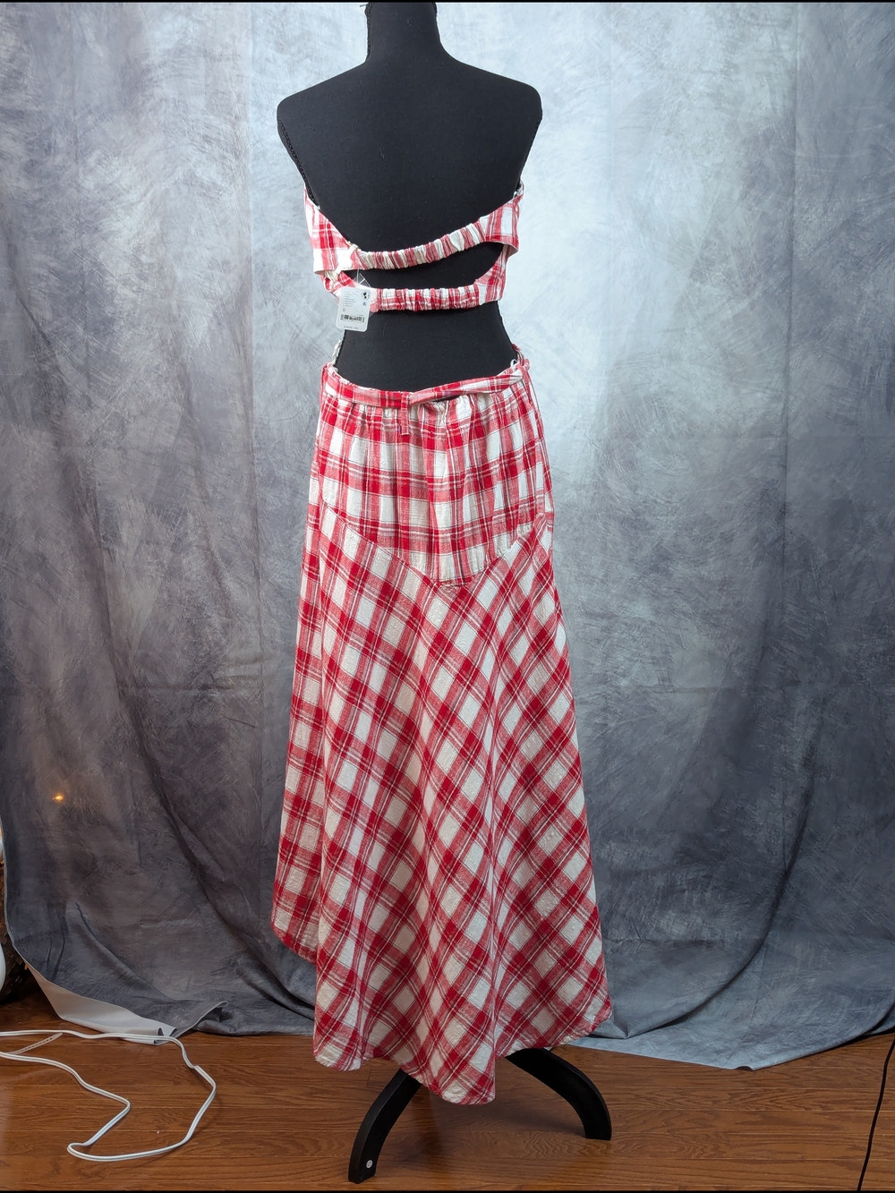 Free People Red and White Plaid Maxi Skirt with Side Bow And Matching Crop Top - Picture 7 of 12